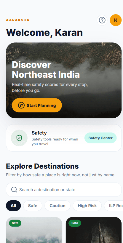 Aaraksha Tourist PWA dashboard — Discover Northeast India
