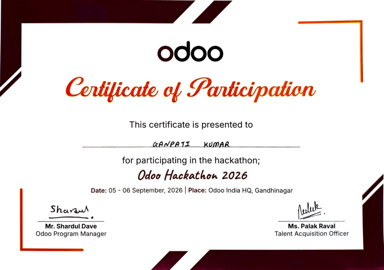 Odoo Hackathon 2026 certificate of participation