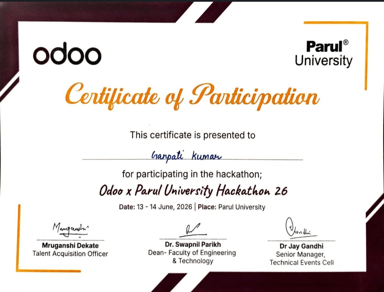 Odoo × Parul Hackathon 2026 certificate of participation
