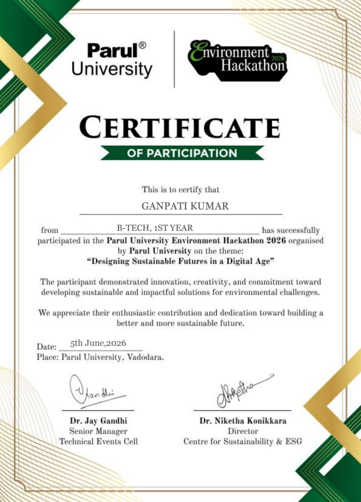 Parul Environment Hackathon 2026 certificate of participation
